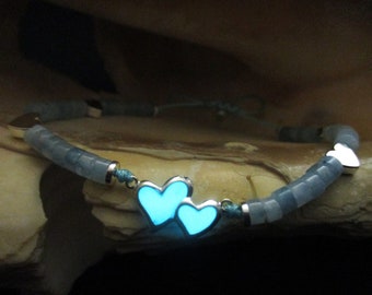 Hearts bracelet, Aquamarine and silver Hematite beads ,glow in the dark