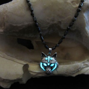 Men&#39;s necklace glow in the dark // Wolf necklace //  Natural Black  Moonstone necklace