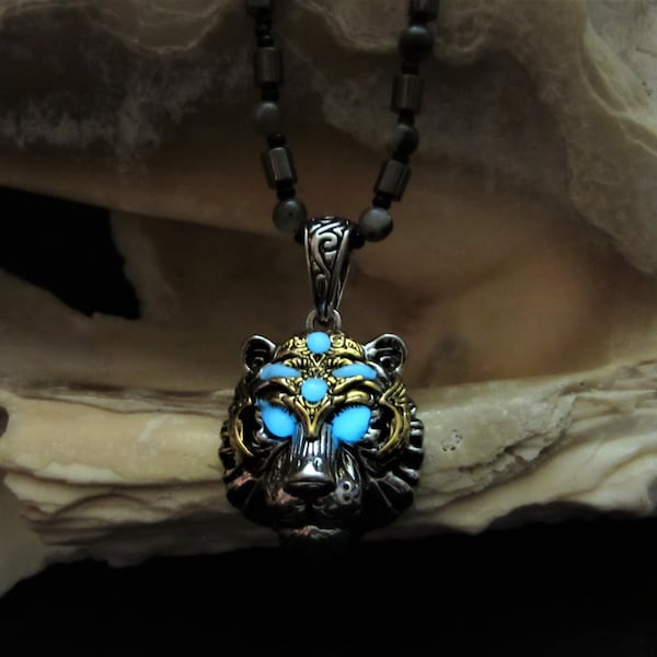 Men's necklace glow in the dark // Tiger pendant //  Natural Black  Moonstone necklace