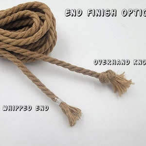 May include: A roll of brown rope with three end finish options: a coiled section, an overhand knot, and a whipped end. The text "END FINISH OPTIONS" and "OVERHAND KNOT" and "WHIPPED END" are visible.