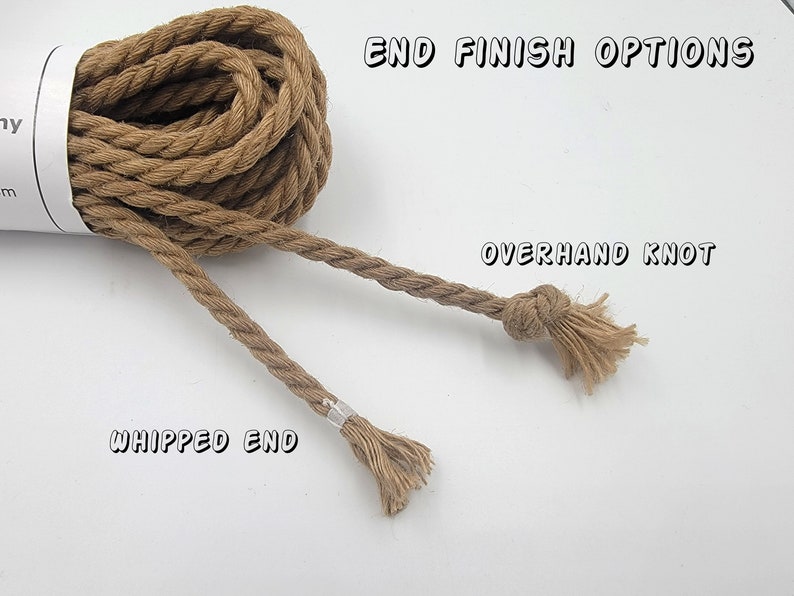 May include: A roll of brown rope with three end finish options: a coiled section, an overhand knot, and a whipped end. The text "END FINISH OPTIONS" and "OVERHAND KNOT" and "WHIPPED END" are visible.