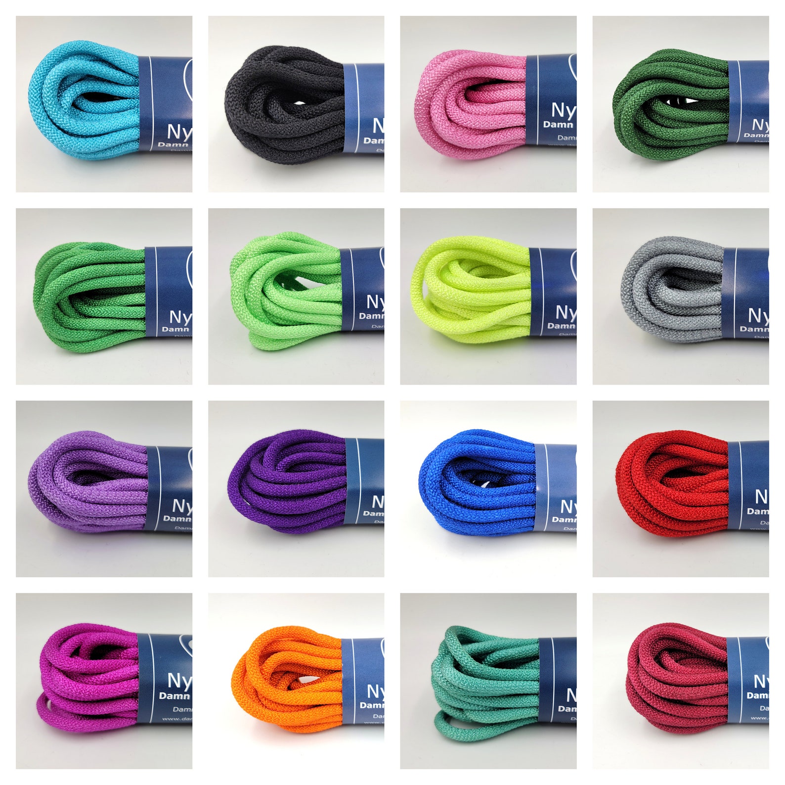 Multiple coils of nylon rope in bright colors including teal, black, pink, green, yellow, gray, purple, blue, red, orange, and burgundy, neatly displayed on a white background.