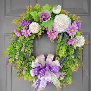 Purple Floral Wreath with Peonies and Roses – Spring Summer Door Decor, Farmhouse Wreath, Purple Bow Wreath, Front Door Greenery