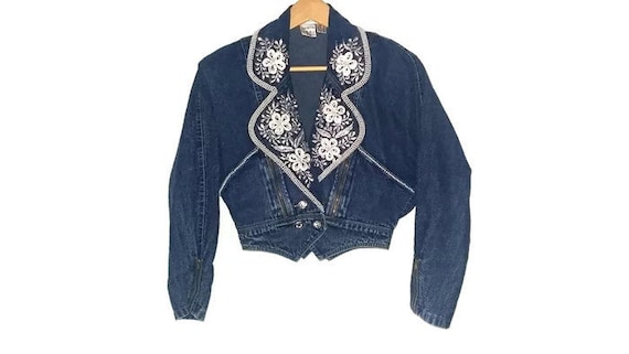 Vintage Jean Jacket - 80s - Cropped - Floral Beadi