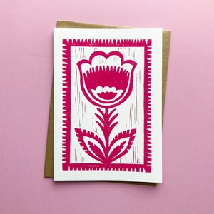 Pink wycinanki folk art flower card with border and kraft envelope