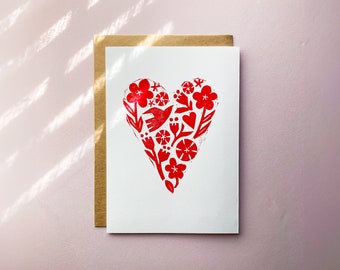 Block Print Valentine Folk Heart Card - Handmade First Anniversary Gift