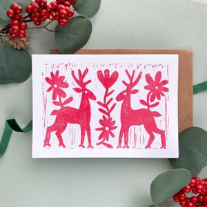 Handmade Block Print Reindeer Christmas Card