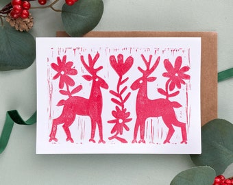 Handmade Block Print Reindeer Christmas Card