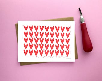 Original Block Print Valentine Card - Unique Handmade Gift for First Anniversary