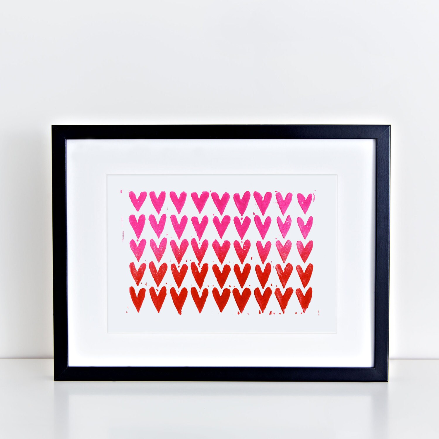 Block Print Valentine Linocut Hearts Ombre 8x10 Red and Pink | Etsy