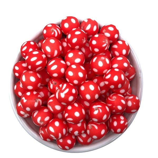 15mm Strawberry Red Polka Dot Silicone Beads, Polka Dot Silicone Beads, Polka Dot Print Silicone Beads, Silicone Beads