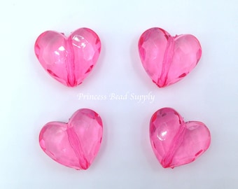 25mm  Hot Pink Faceted Transparent Heart Chunky Acrylic Beads