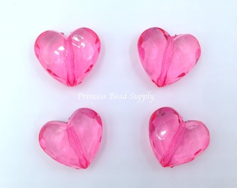 Big Hot Pink Faceted Transparent Heart Chunky Beads, 25mm Hot Pink Heart Bubble Gum Beads, Valentine's Day Beads, Beads, Acrylic Beads