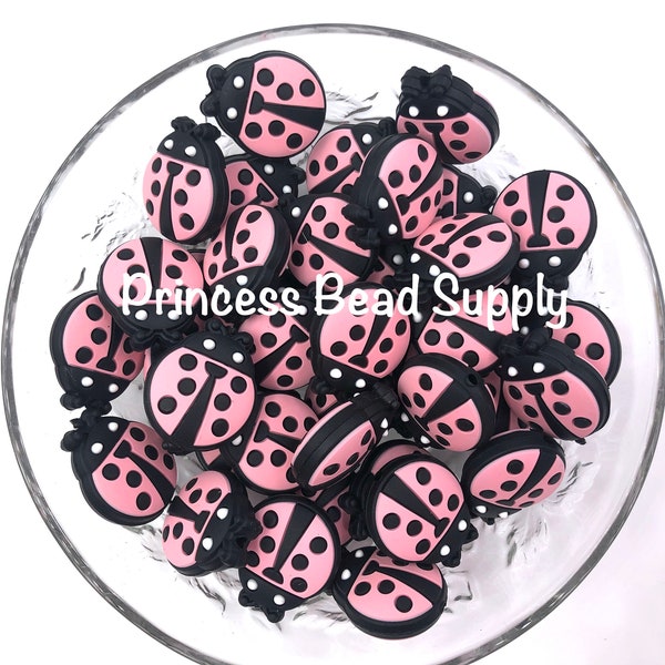 Pink Ladybug Silicone Focal Beads,  Lady Bug Silicone Beads Beads,  Ladybug Shaped Silicone Beads,  Silicone Loose Beads, Wholesale Silicone