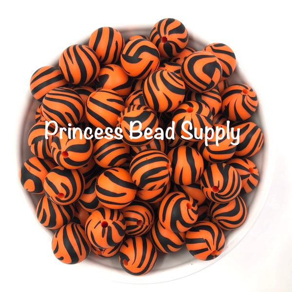 15mm Tiger Silicone Beads, Orange Tiger Silicone Beads, Tiger Striped Silicone Beads, Animal Print Silicone Beads, Silicone Beads,