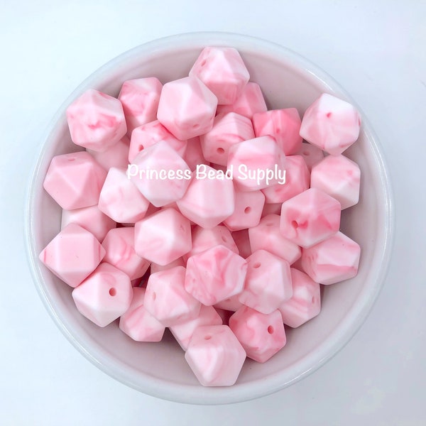 14mm Pink Marble Mini Hexagon Silicone Beads, Mini Hexagon Silicone Beads, 100% Food Grade Silicone Beads, BPA Free, Sensory Beads