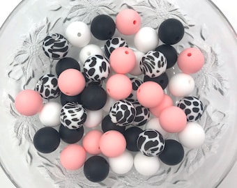 Cow Print Silicone Bead Mix, 50 or 100 BULK Round Silicone Beads, Bulk Mix of Silicone Beads, Wholesale Silicone Beads