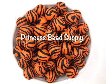 15mm Tiger Silicone Beads, Orange Tiger Silicone Beads, Tiger Striped Silicone Beads, Animal Print Silicone Beads, Silicone Beads,