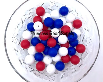 50 or 100 BULK Round Silicone Beads,  Red, White & Royal Blue Mix Silicone Beads, Wholesale Silicone Beads, Silicone Beads