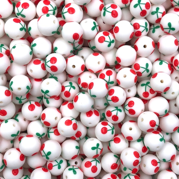 15mm Cherry Print Silicone Beads, Fruit Printed Silicone Beads, Print Silicone Beads, Silicone Beads