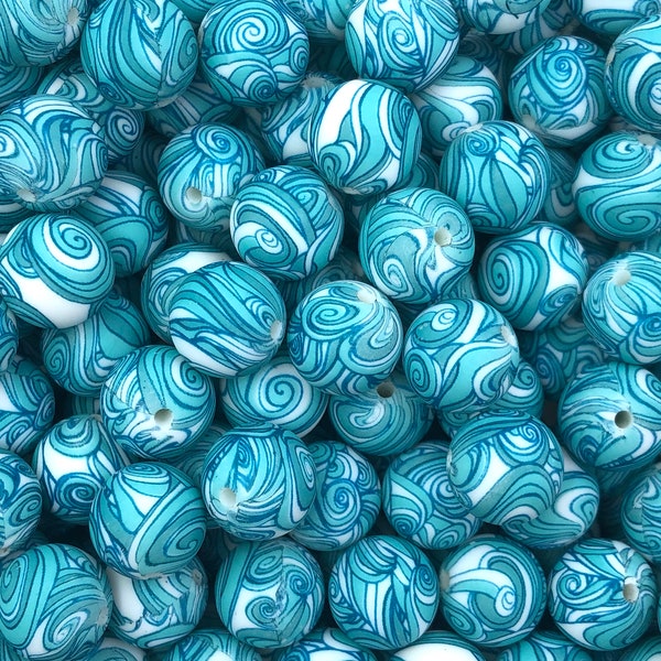 15mm Aqua Swirl Print Silicone Beads, Silicone Beads, Print Silicone Beads