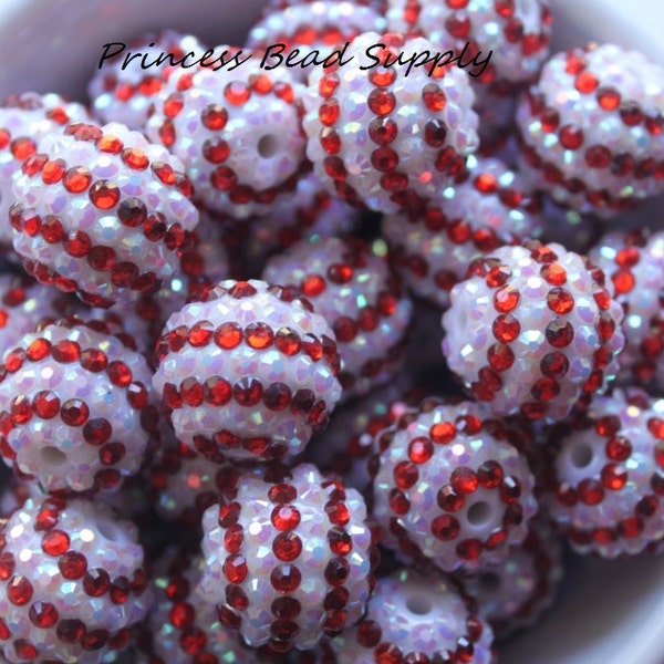 20mm Red and White Candy Cane Striped AB Rhinestone Chunky Beads Set of 10,  Bubble Gum Beads, Gumball Beads, Acrylic Beads