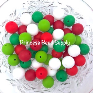 50 or 100 BULK Round Silicone Beads,  Shades of Red, Green &  White Mix Silicone Beads, Christmas Silicone Beads, Silicone Beads