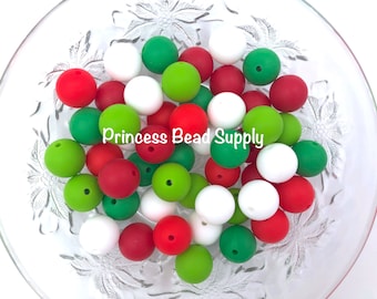 50 or 100 BULK Round Silicone Beads,  Shades of Red, Green &  White Mix Silicone Beads, Christmas Silicone Beads, Silicone Beads
