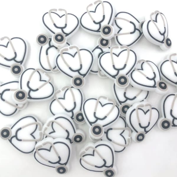 White Heart Stethoscope Silicone Focal Beads,  Stethoscope Silicone Beads, Stethoscope Shaped Silicone Beads, Silicone Beads