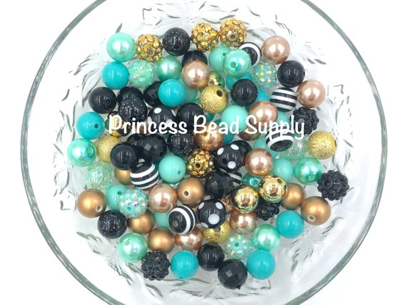 Shades of Mint Black and Gold 12mm Bead Mix 100 12mm Mini Chunky