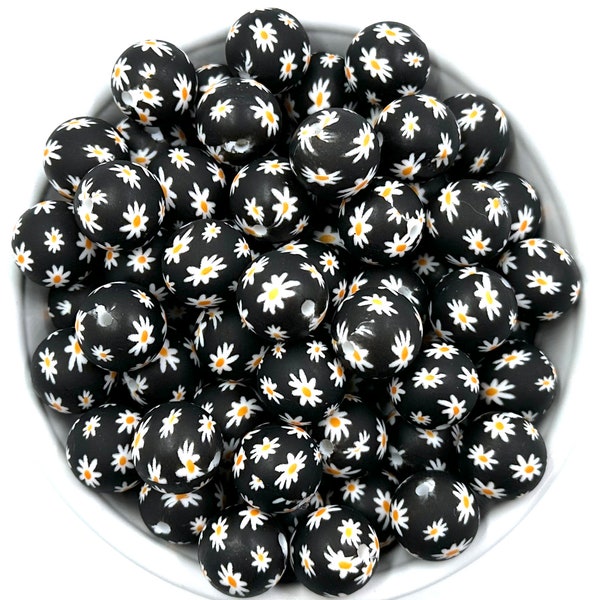 15mm White & Black Daisy Flower Print Silicone Beads,  Flower Print Silicone Beads, Silicone Beads