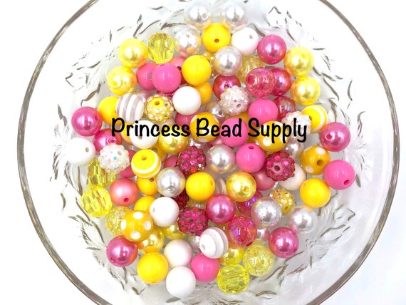 Shades of Pink Yellow and White 12mm Bead Mix 100 12mm Mini