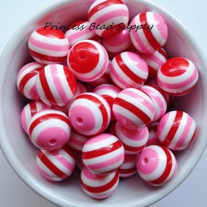 20mm Red, Pink and White Striped Chunky Beads Set of 10,  Valentine's Beads, Stripe Bubble Gum Beads, Gumball Beads, Acrylic Beads