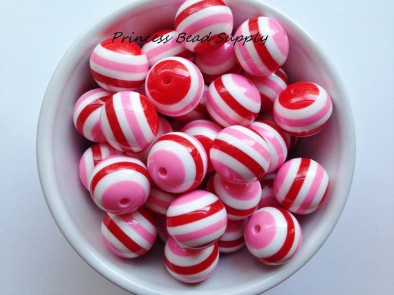 10 Red Acrylic Striped Beads 