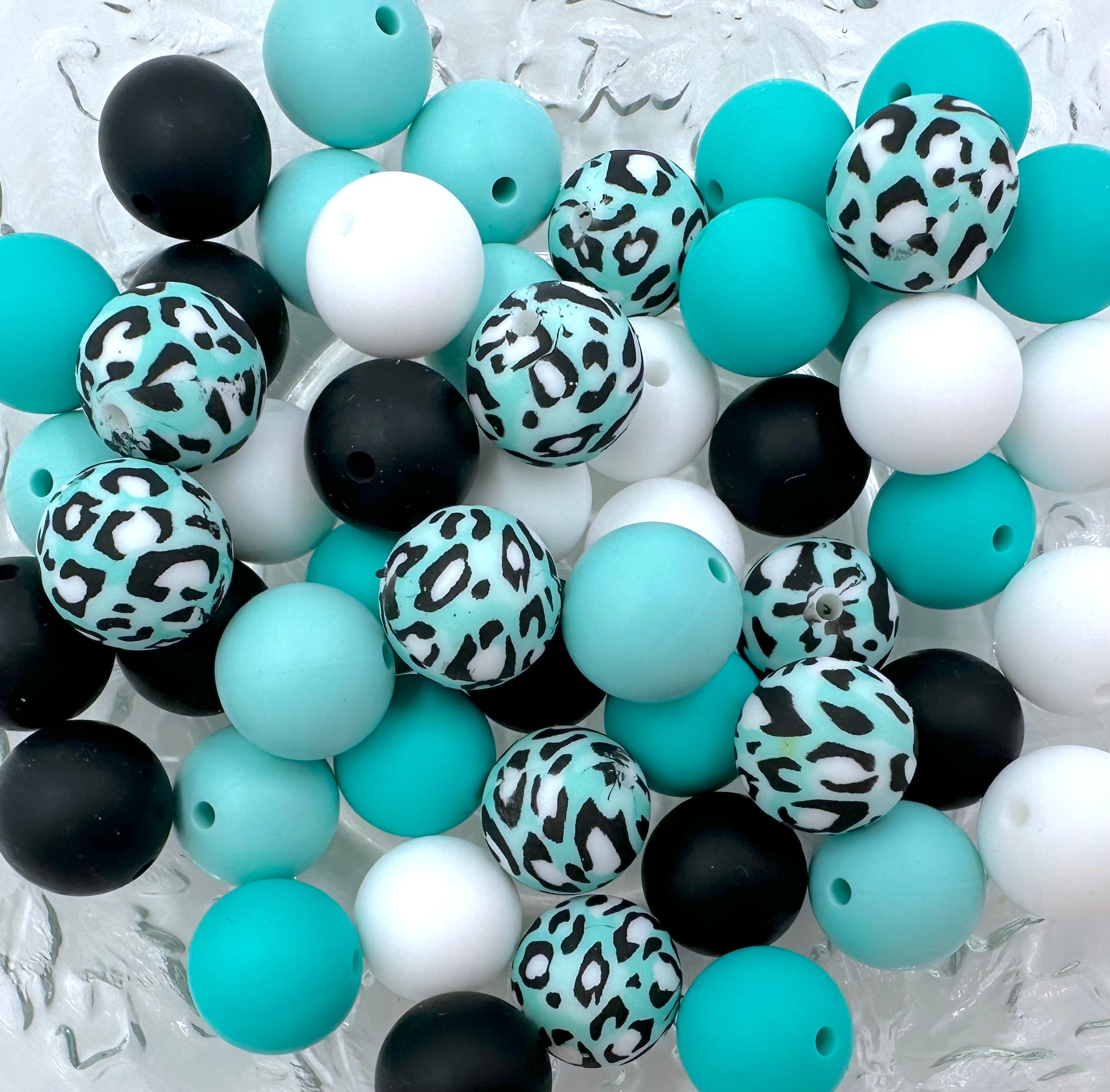 Mint Leopard Silicone Bead Mix--White, Cool Caribbean, Turquoise, Black, Bulk Mix of Silicone Beads, Wholesale Silicone Beads