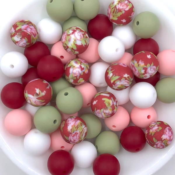 Red Victorian Flower Silicone Bead Mix--White, Pink Quartz, Cranberry, Sage, BULK Round Silicone Beads, Wholesale Silicone Beads