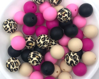 Shades of Pink Leopard Silicone Bead Mix, 50 or 100 BULK Round Silicone Beads, Bulk Mix of Silicone Beads, Wholesale Silicone Beads,