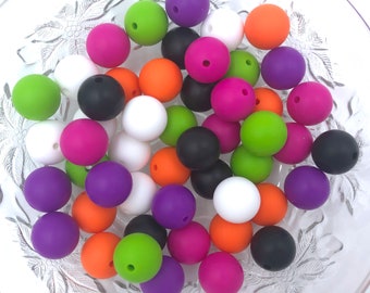 White, Orange, Hot Pink, Green, Purple & Black Mix Silicone Beads,  BULK Round Silicone Beads, Halloween Silicone Beads, Silicone Beads
