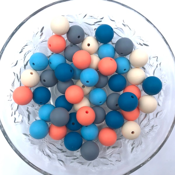 50 or 100 BULK Round Silicone Beads, Beige, Salmon, Island Blue, Teal Blue & Gray Silicone Bead Mix, Silicone Beads, Wholesale Beads