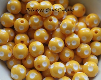 12mm Yellow Polka Dot Beads Set of 10 or 20,  Chunky Bubble Gum Beads, Gumball Beads, Acrylic Beads