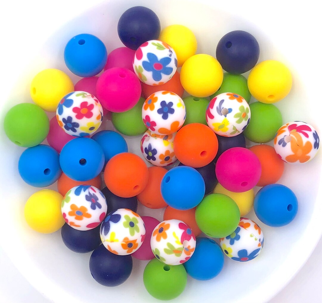 Colorful Flower Silicone Bead Mix, 50 or 100 BULK Round Silicone Beads