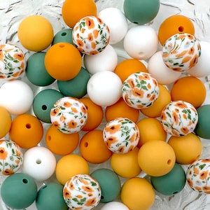 Yellow Flower Silicone Bead Mix--White, Golden Yellow, Mango, Eucalyptus