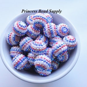20mm Red, White and Blue Frosted Striped AB Rhinestone Chunky Beads Set of 10, 4th of July  Beads,  Acrylic Beads