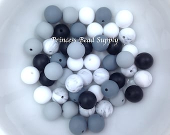 50 or 100 BULK Round Silicone Beads,  Black, Gray & White Mix Silicone Beads, Wholesale Silicone Beads, Silicone Beads