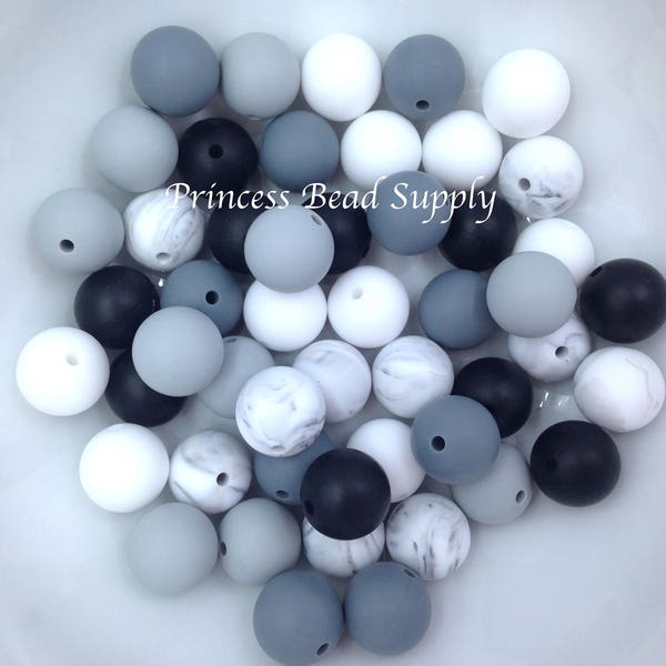 50 or 100 BULK Round Silicone Beads,  Black, Gray & White Mix Silicone Beads, Wholesale Silicone Beads, Silicone Beads