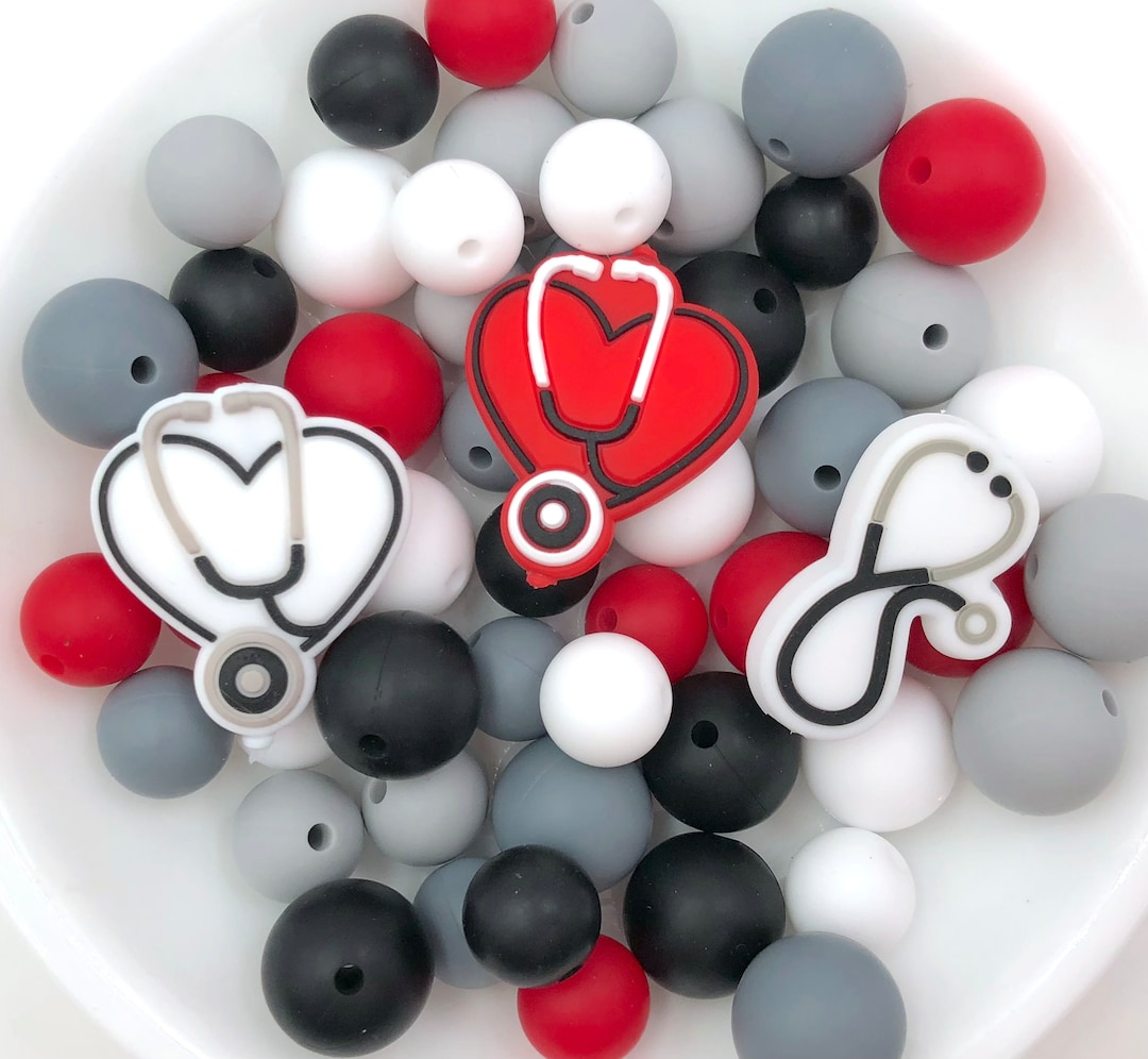 Focal Bead Mix, Stethoscope Silicone Bead Mix, White, Light Gray, Red