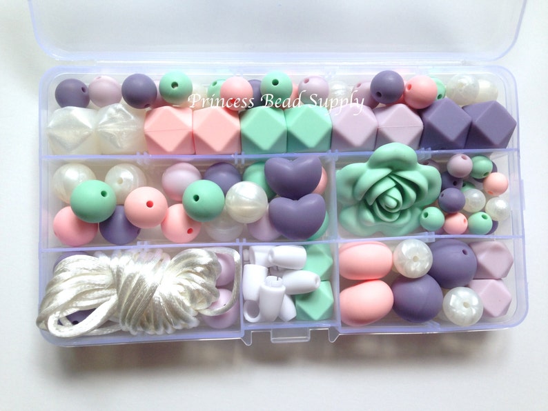 Mint Shades of Purple DIY Silicone Teething Necklace Kit Food Grade Silicone Beads Pink /& White Pearl Deluxe Silicone Necklace Kit