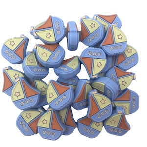 Blue, Yellow & Brown Sailboat Silicone Focal Beads,  Boat Silicone Beads, Sailboat Shaped Silicone Beads, Ship Shaped Silicone Beads