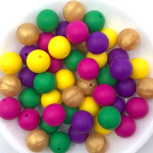 Silicone Bead Mix, 50 or 100 BULK Round Silicone Beads, Bulk Silicone Beads--Yellow, Kelly, Hot Pink, Metallic Gold, Royal Purple