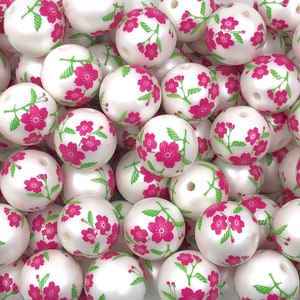 20mm Pink Flower Chunky Beads,   Flower Printed Beads,  Flower Acrylic Beads